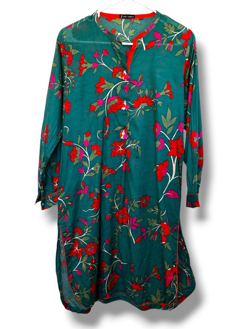 J. Pret Green Floral Cotton Tunic Top Pink Orange Flowers Medium